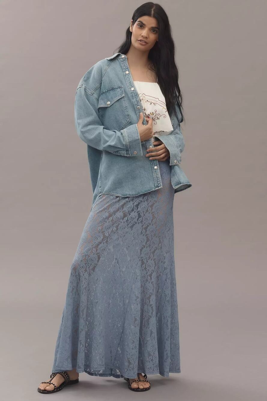 New Anthropologie Sheer Tiered Lace Maxi Skirt $98 Small Blue Floral